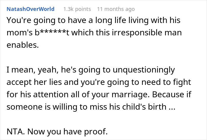 Comment advises mom-to-be about husband's loyalty, expressing concerns over his priorities with his mother.