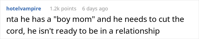 Screenshot of a Reddit comment discussing a couple breaking up after the guy&rsquo;s mom jokingly steals girlfriend&rsquo;s seat.