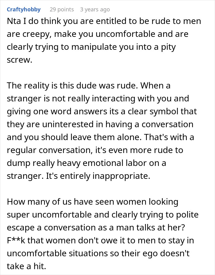 Reddit comment discussing oversharing and boundaries in conversations, mentioning discomfort and emotional labor.
