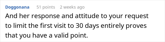 Text comment about MIL's extended stay, supporting a 30-day visit limit. Text comment about MIL's extended stay, supporting a 30-day visit limit.