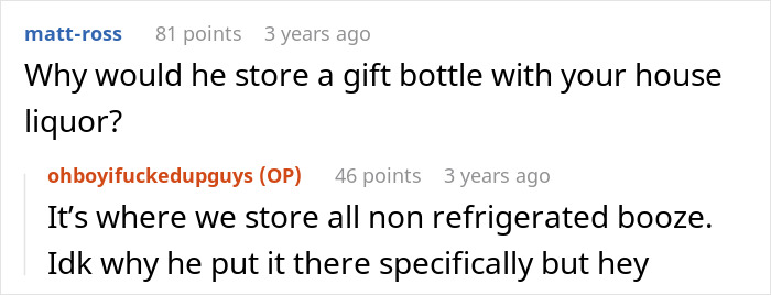 Reddit conversation about storing a $500 aged scotch bottle with regular liquor.