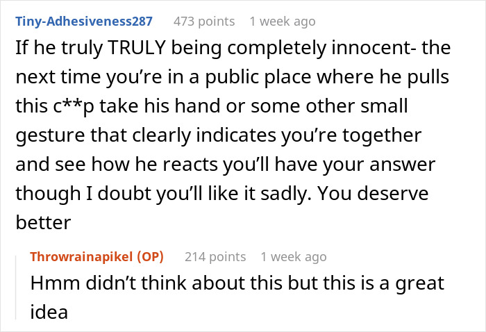 Reddit comments discussing a guy's weird behavior and possible ulterior motive in a relationship.