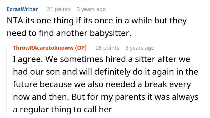 Comments discuss family visit and babysitting expectations. Comments discuss family visit and babysitting expectations.