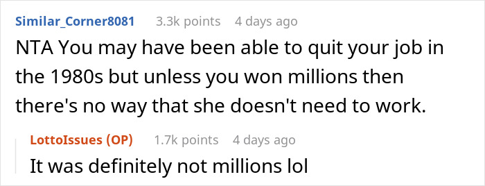 Reddit comments discussing lotto winnings and financial impact on work.