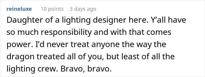 Comment on lighting responsibility and power dynamics in event management.