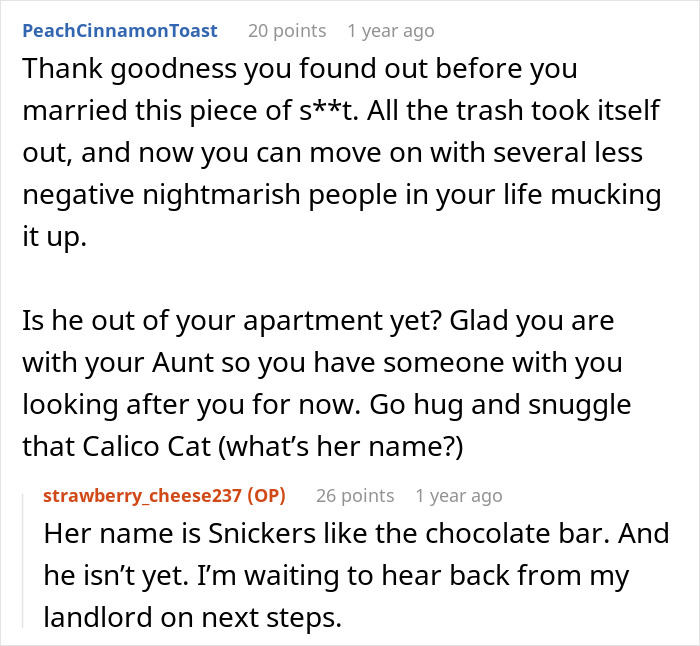 Online post about bride revealing fianc&eacute;'s affair. Comments provide supportive advice on moving forward.