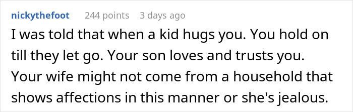 Comment discussing a son's affection and trust through hugs, reflecting on family dynamics and emotional bonds.