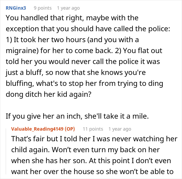 Reddit comment exchange about babysitting miscommunication involving in-laws and police threats.