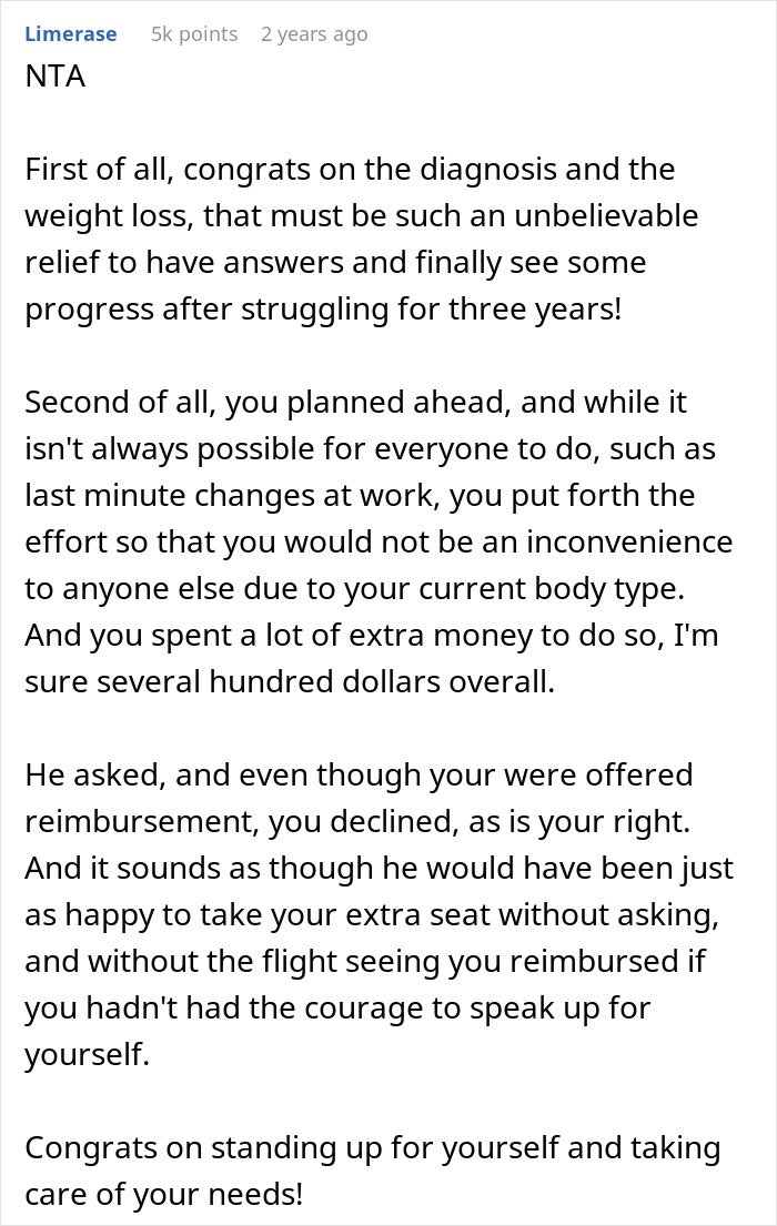 Reddit comment supporting a woman who booked two plane seats to fit comfortably, affirming her decision not to share.