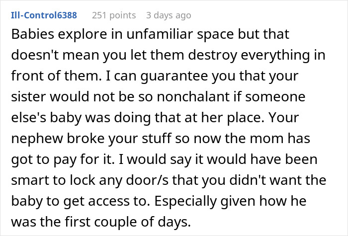 Reddit comment discussing family drama and damages caused by a nephew.