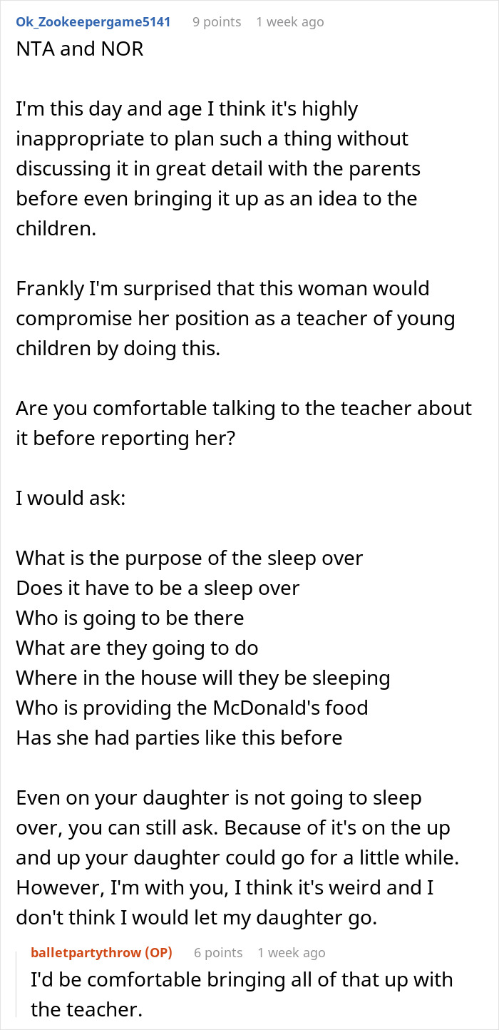 Reddit comment discussing concerns over a dance teacher's sleepover invitation.
