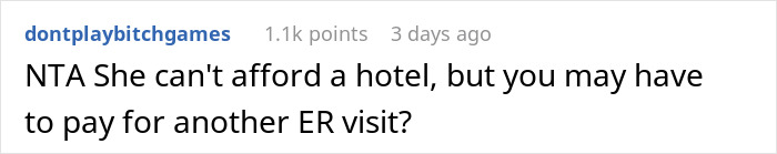Reddit comment questioning BIL's GF's financial choices regarding hotel and ER visit.