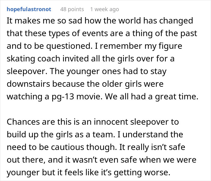 Text from a forum discussing a mom's concerns about a dance teacher's sleepover invite.
