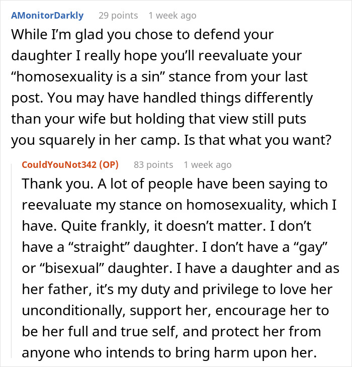 Reddit conversation about a dad defending his bi daughter amid wife threatening divorce over family embarrassment. Reddit conversation about a dad defending his bi daughter amid wife threatening divorce over family embarrassment.
