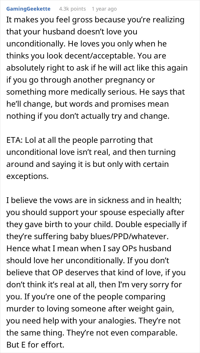 Reddit comment discussing marriage, weight loss, unconditional love, and relationship expectations. Reddit comment discussing marriage, weight loss, unconditional love, and relationship expectations.