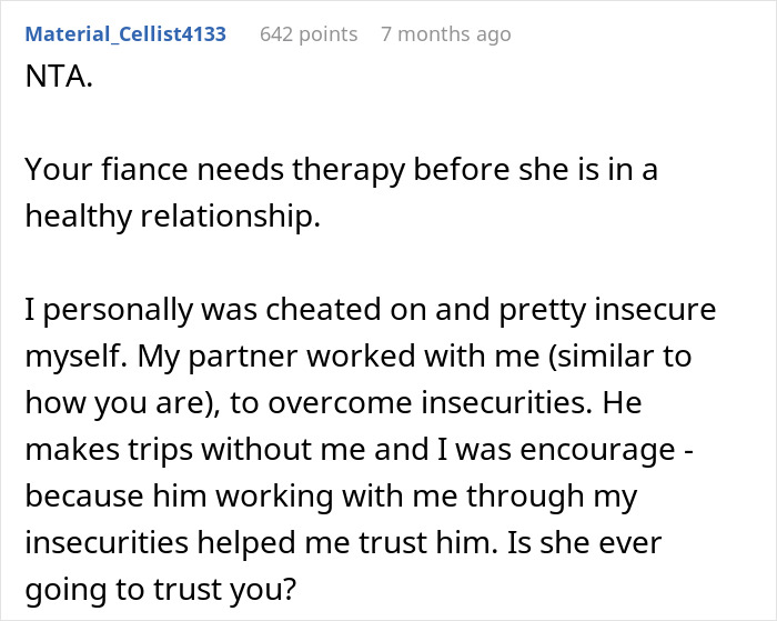 Reddit comment discussing relationship insecurity and the need for therapy.