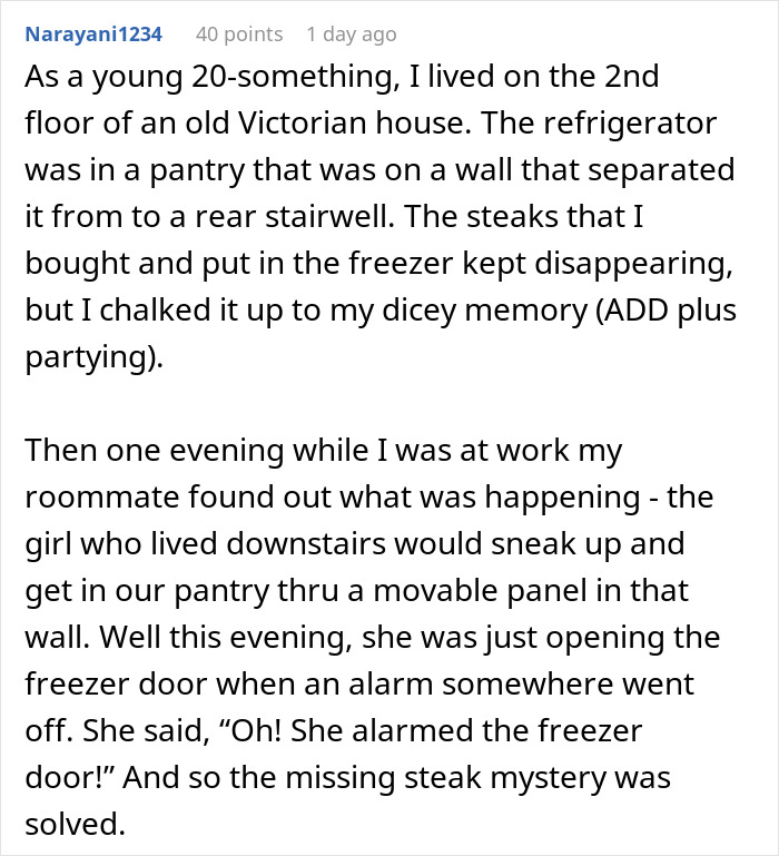 Text detailing a person&rsquo;s experience with a roommate's food theft and setting up a trap to solve the mystery.