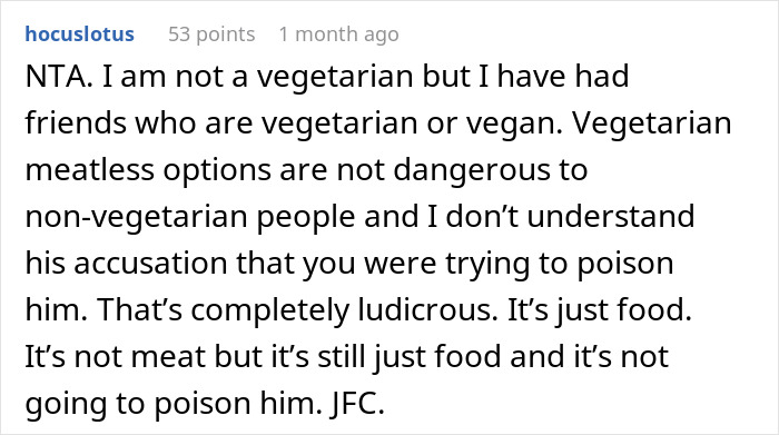 Text comment about vegetarian meatballs causing a strong reaction and family conflict.