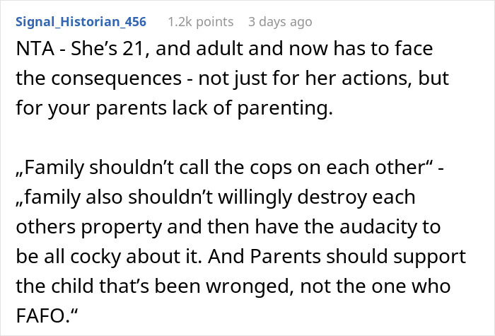Reddit comment discussing consequences of a sister getting arrested for destroying clothes.