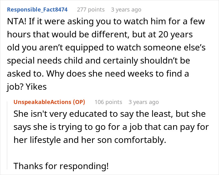 Reddit comments discussing responsibility of a guy taking care of autistic cousin.