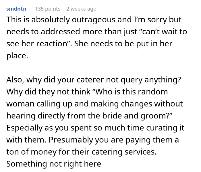 Reddit comment discussing the need to password protect after MIL changes a wedding menu.