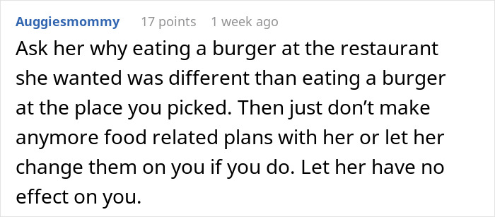 Comment discussing issues with friend changing birthday plans for diet, then ignoring restrictions.
