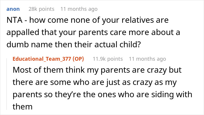 Reddit comments discussing family reactions to a secret name change.