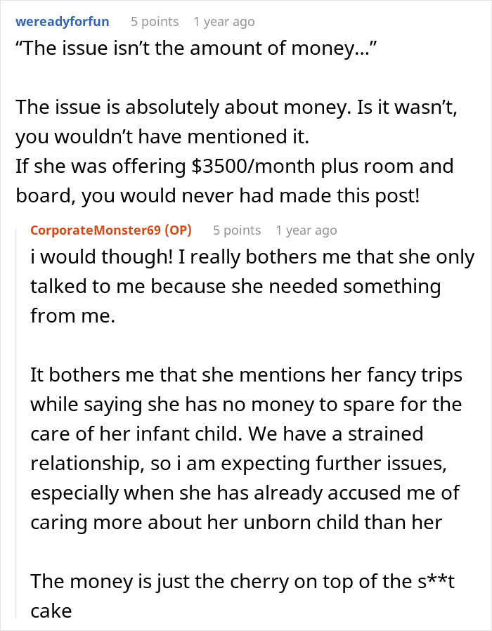 Comment thread discussing unfair babysitting pay and conflict over a woman refusing to pay sister $1 an hour for newborn care.