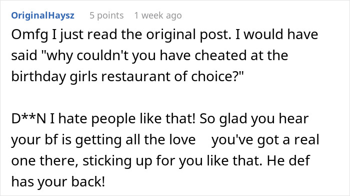 Comment discussing birthday plans changed for diet but friend orders food she "can&rsquo;t" eat.