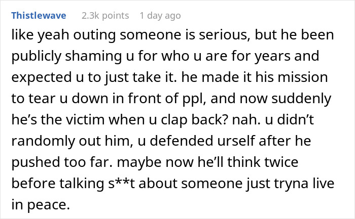 Text message about being shamed and outing someone for being gay, discussing defense and consequences.