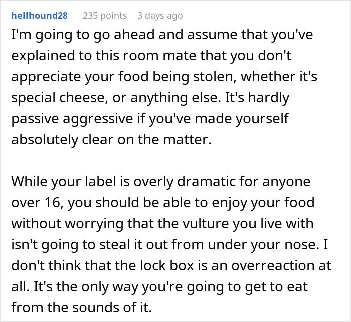 A Reddit user's response about a roommate stealing cheese and using a lockbox in the fridge.