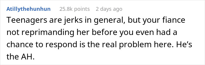 Comment discussing fiance, daughter, and gold digger dynamics, highlighting lack of reprimand as the issue.