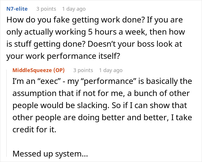 Online discussion about making millions working minimal hours, questioning work performance credibility.
