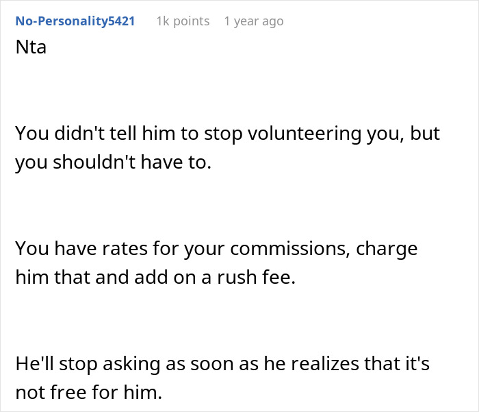 Reddit comment discussing volunteer issues and suggesting commission rates for portrait drawing.