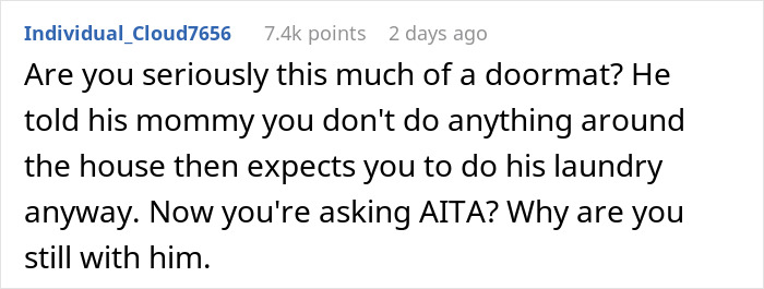 Comment criticizing lazy man for complaining about girlfriend to his mom. Comment criticizing lazy man for complaining about girlfriend to his mom.