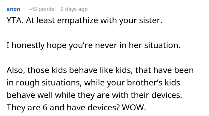 Online comment discussing a woman's babysitting choices for family members' kids.