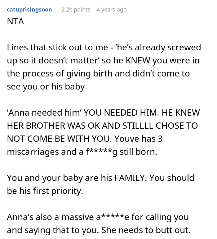 Screenshot of a Reddit comment criticizing a husband's choice of female friend over child&rsquo;s birth.