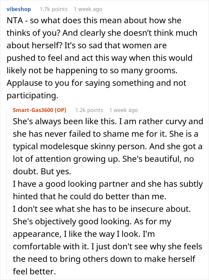Reddit comments about a bride choosing 'less attractive' bridesmaids for confidence.