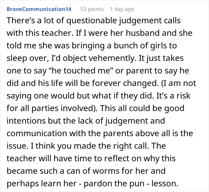 Reddit comment discussing concerns over a dance teacher's sleepover invite decision.
