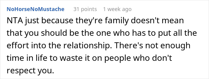 Reddit comment discussing family relationships, emphasizing personal boundaries with siblings, nieces, and nephews.