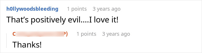 Reddit comment exchange about food revenge with user expressing delight over a mischievous plan.