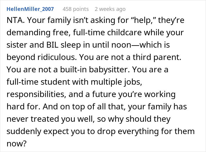 Text discussing family expectations for free childcare and not being a built-in babysitter. Text discussing family expectations for free childcare and not being a built-in babysitter.