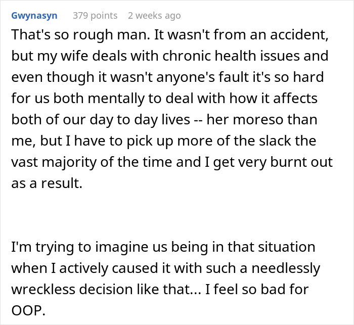 Comment discussing the emotional and physical impact on a woman bearing consequences of an accident caused by her fiancé. Comment discussing the emotional and physical impact on a woman bearing consequences of an accident caused by her fiancé.