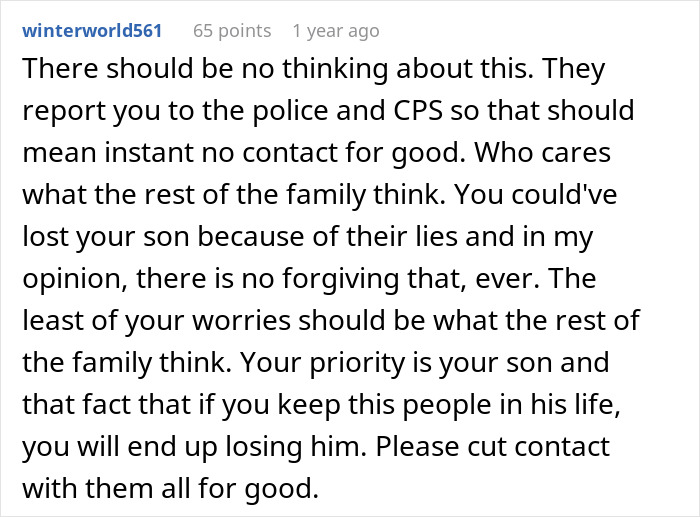 Reddit comment discussing false CPS claims and family drama, advising cutting contact for child safety.