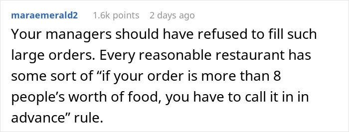 Text from a comment discussing break policy and large order rules in restaurants.