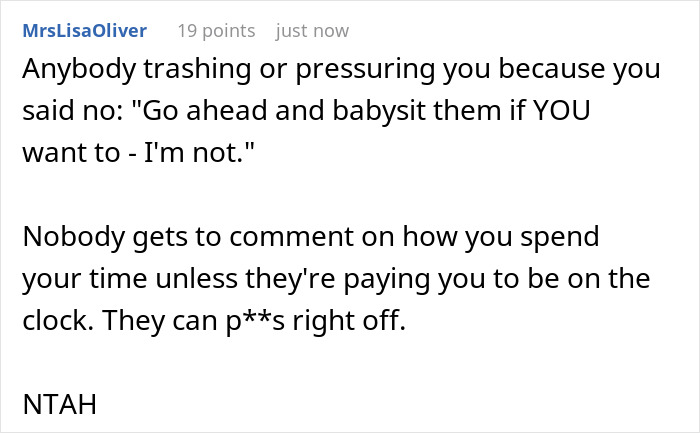 Reddit comment discussing stress and refusing to babysit.