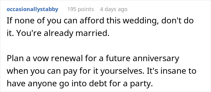 Reddit comment discussing wedding costs, suggesting a vow renewal instead of entering debt.