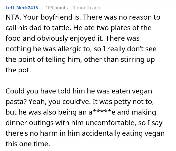Online comment about father-in-law's reaction to eating vegetarian meatballs unknowingly.