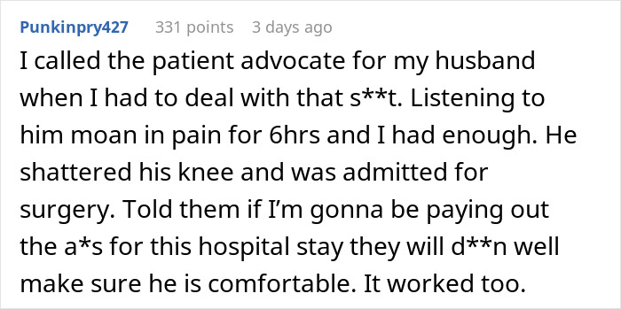 A frustrated wife complains about her husband's ignored suffering, expressing anger at the lackadaisical doctor.
