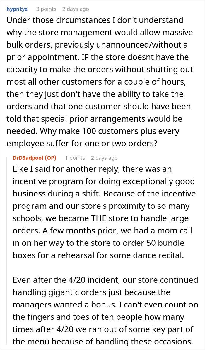 Reddit discussion on employee break policy and store chaos, highlighting issues with handling large orders.